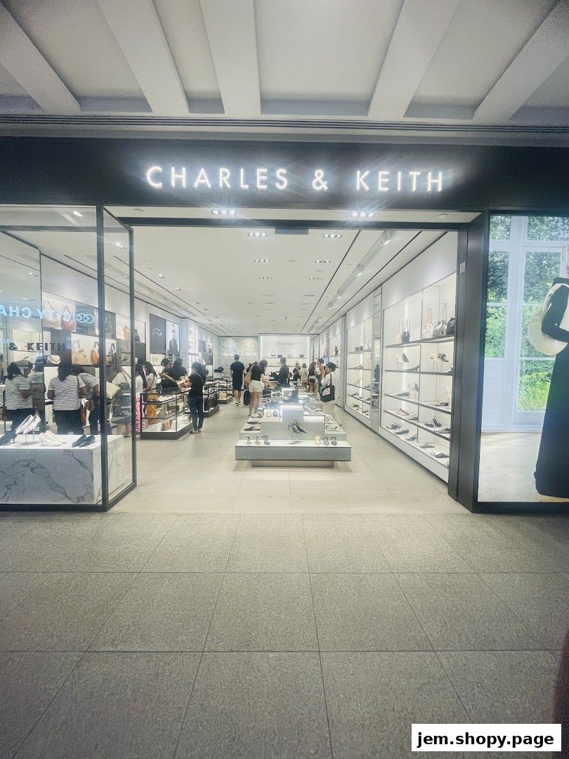 The entrance and interior of a Charles & Keith shoe and handbag store.