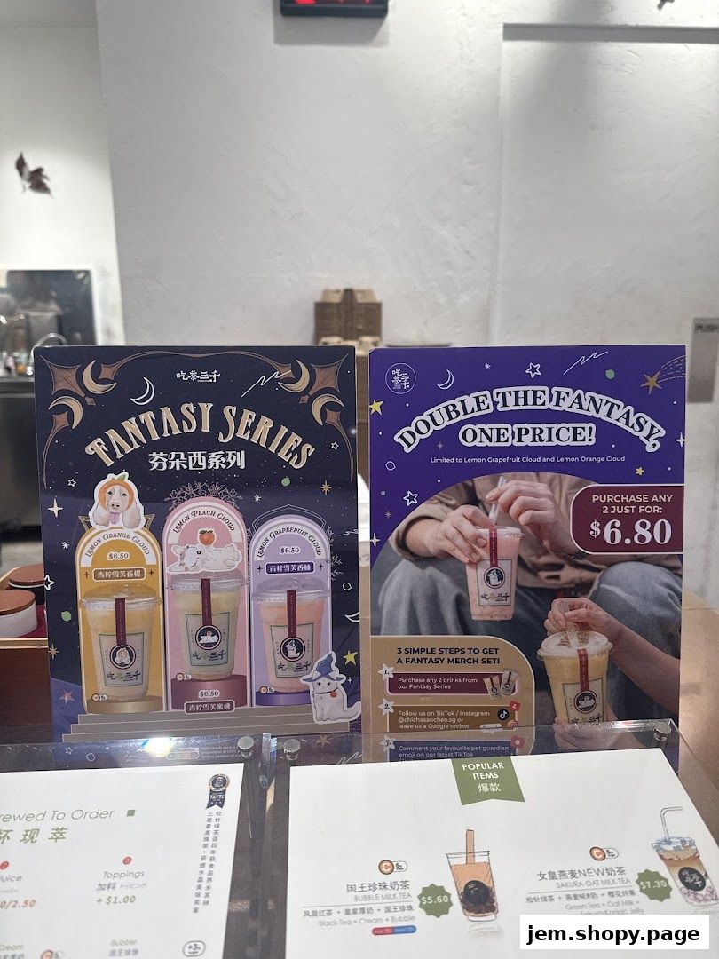 Promotional signs for CHICHA San Chen's Fantasy Series drinks and a special offer.