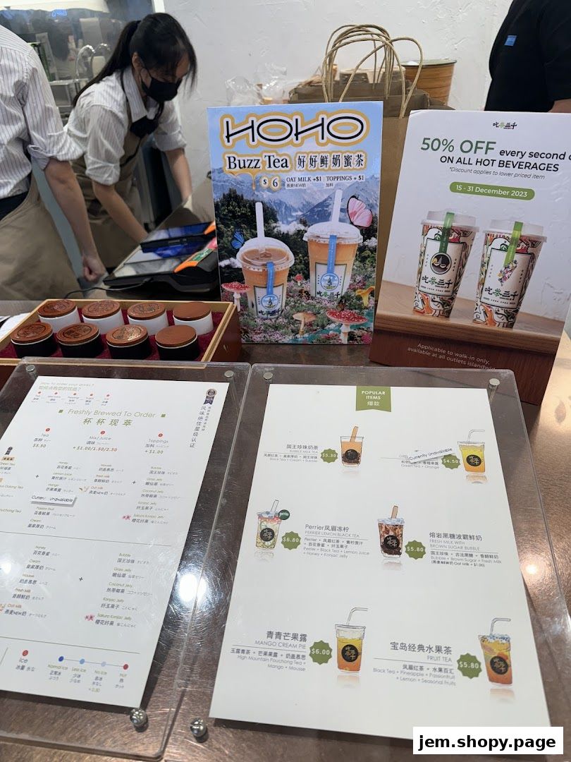 A menu display for CHICHA San Chen featuring popular drinks and a special offer.