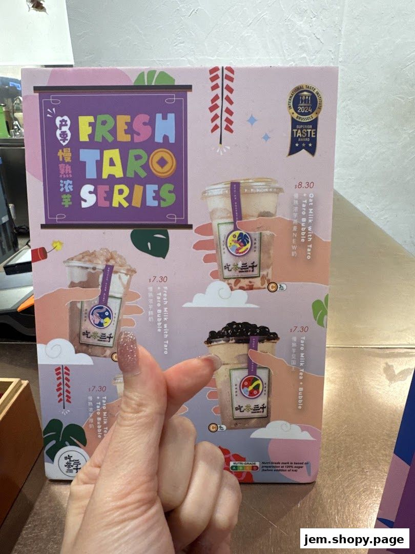 A menu board for CHICHA San Chen featuring their Fresh Taro Series drinks.