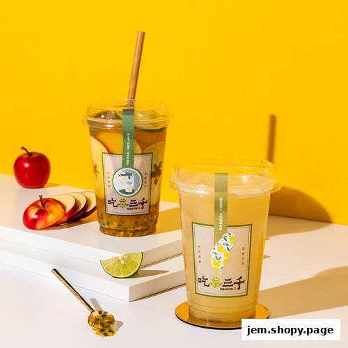 Two refreshing fruit teas from CHICHA San Chen with fresh fruits and a bright yellow background.