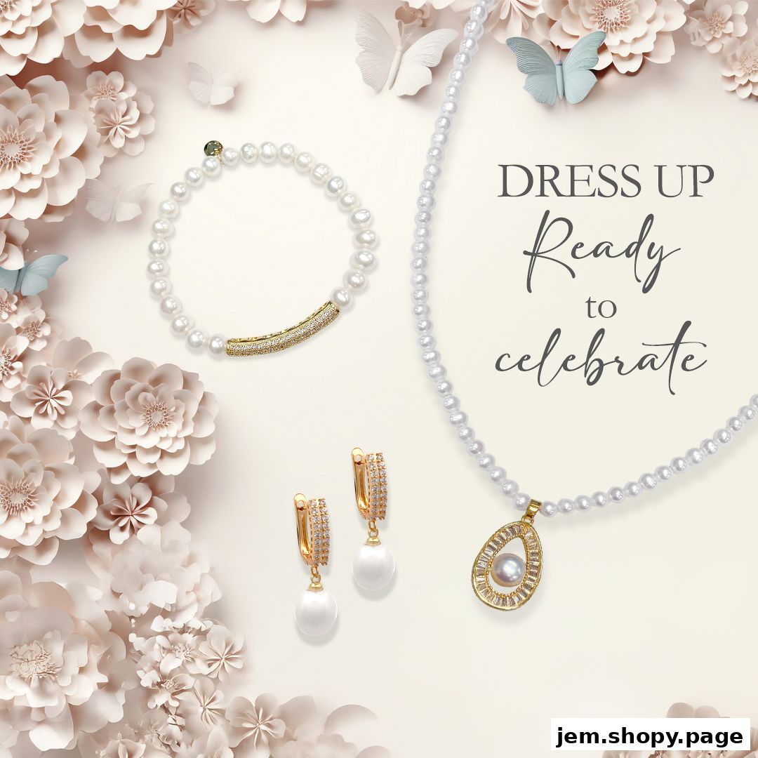 Elegant pearl jewelry set with a necklace, bracelet, and earrings, surrounded by floral decor.