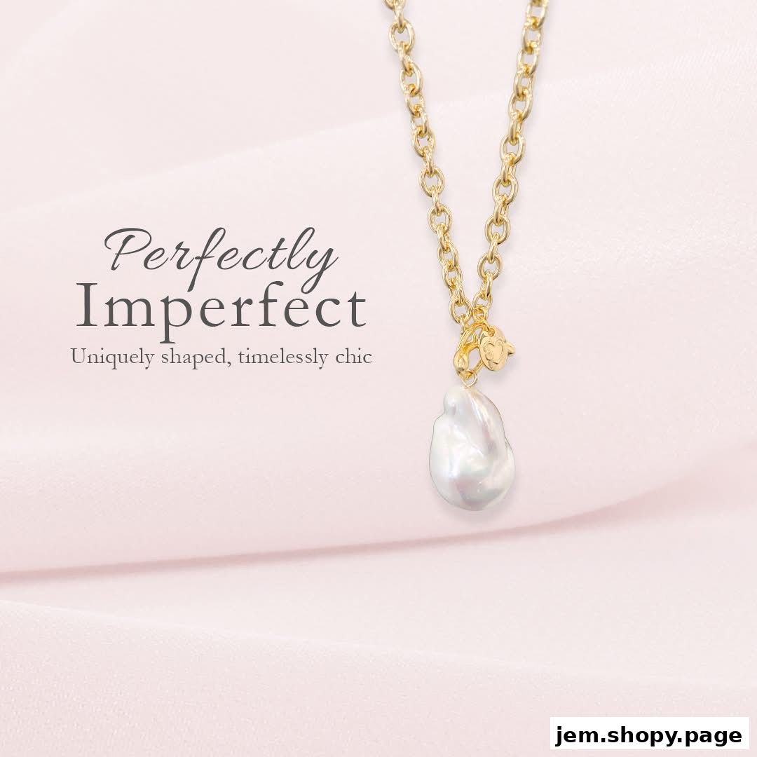 A gold chain necklace with a baroque pearl pendant and text 'Perfectly Imperfect'.