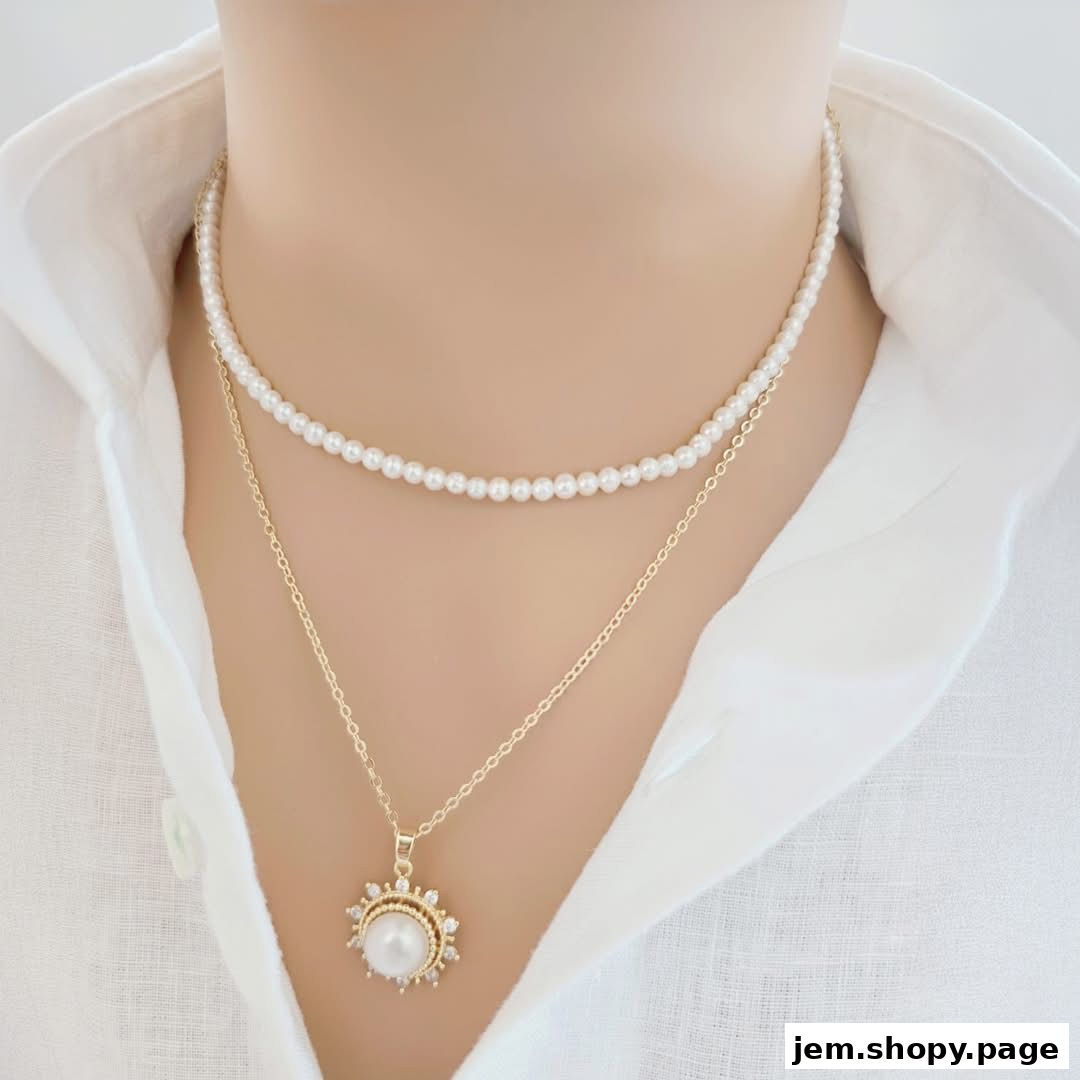 A close-up shot of a person wearing two layered pearl necklaces.