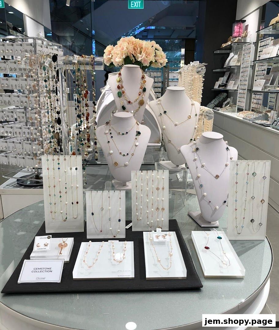 A display of elegant necklaces and jewelry from Chomel at Jem.