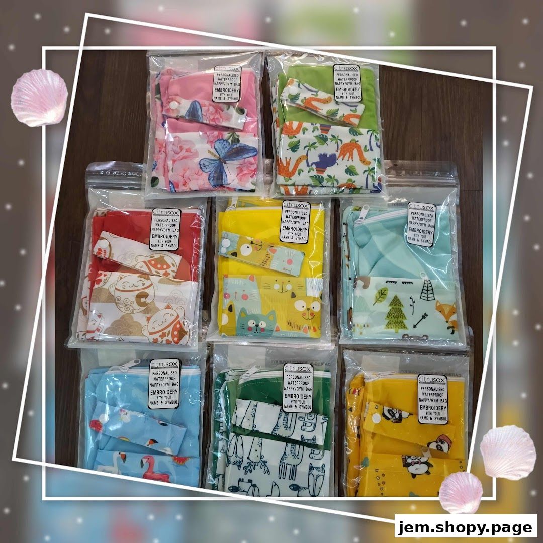 A collection of personalized, waterproof nappy/gym bags with various cute and colorful designs.