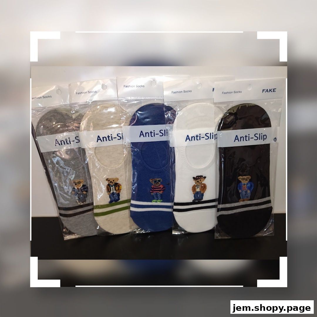 Five pairs of no-show socks with teddy bear embroidery, in various colors.