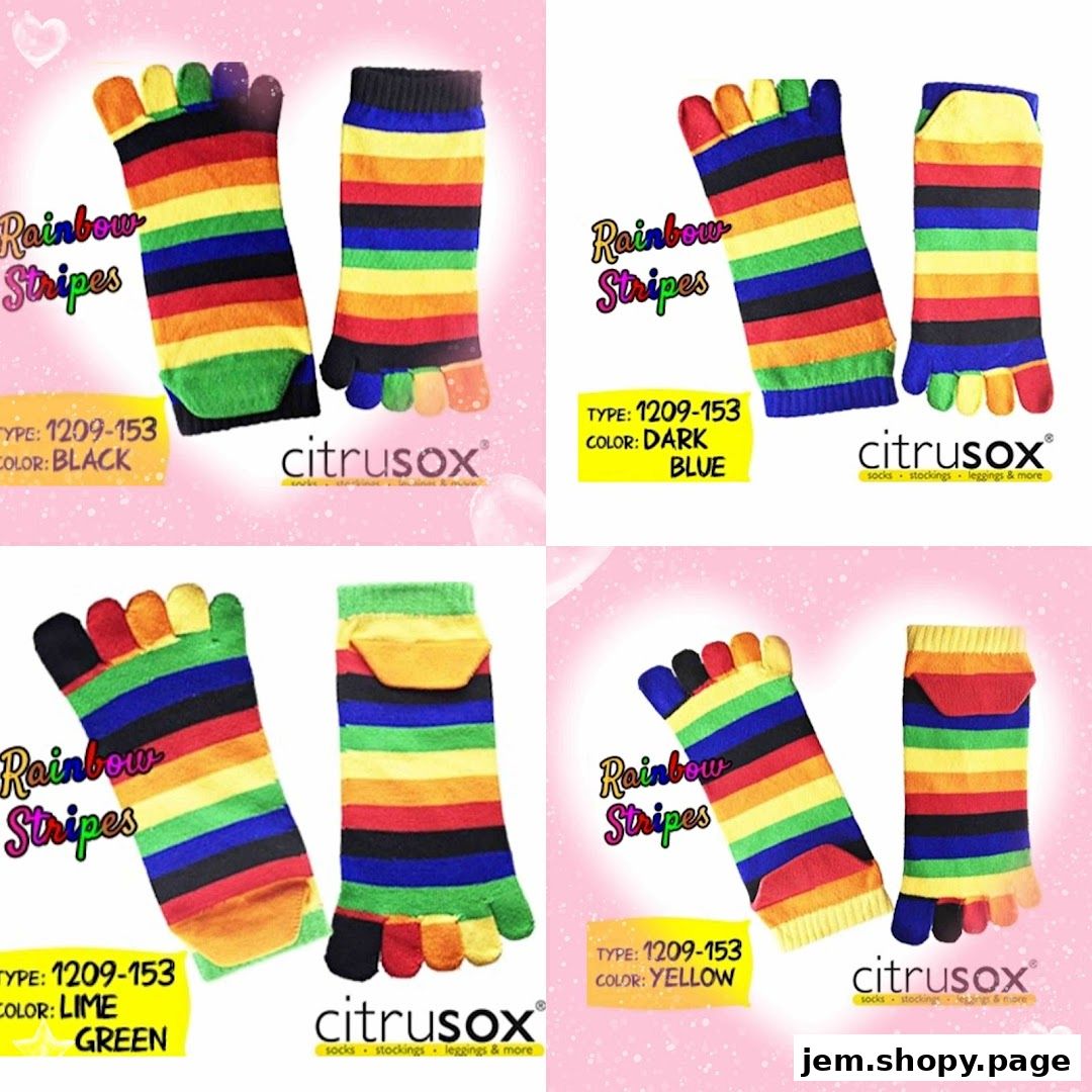 Four pairs of colorful rainbow striped toe socks with different color options.