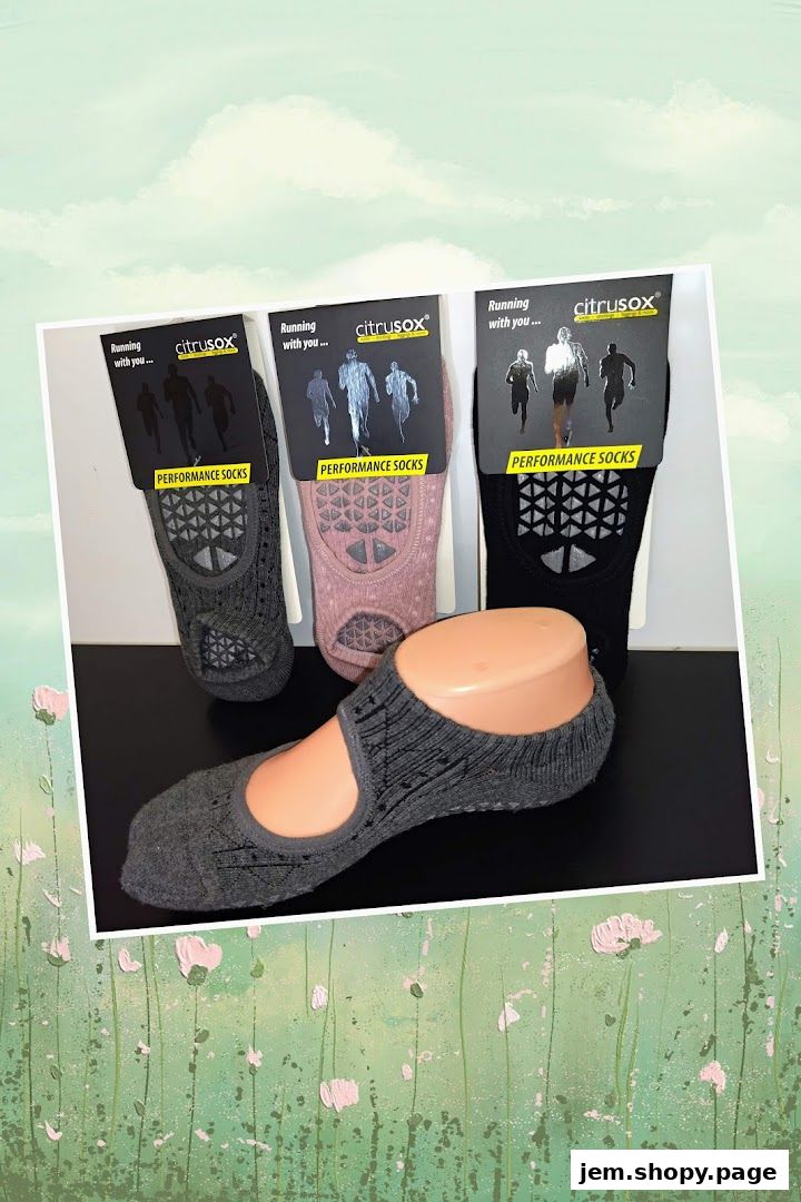 Three pairs of Citrusox performance socks with grip soles are displayed.