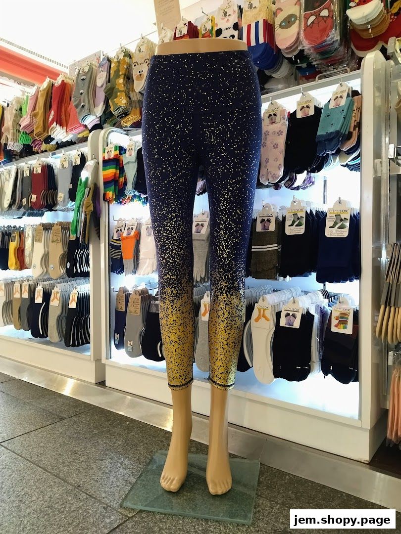 A mannequin displays patterned leggings in a shop filled with socks.