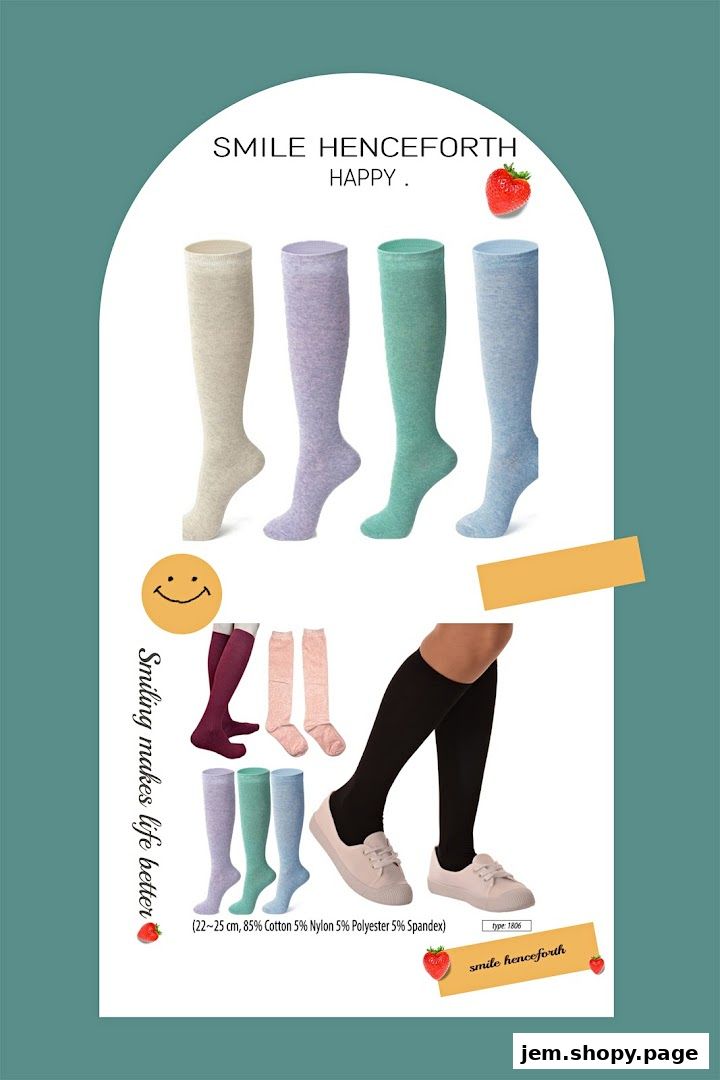 A collage showcasing various knee-high socks in different colors and styles.