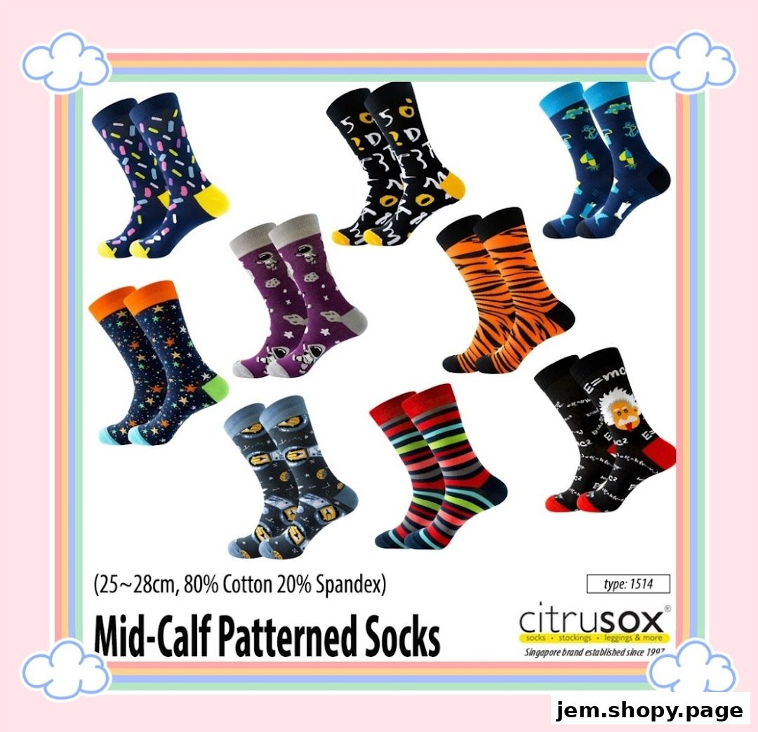 A collection of colorful and patterned mid-calf socks for men and women.