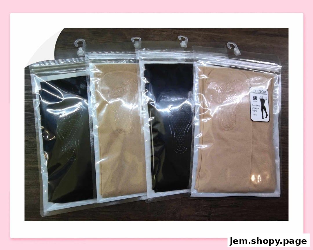 Four pairs of packaged tights in black and beige colors with anti-slip soles.