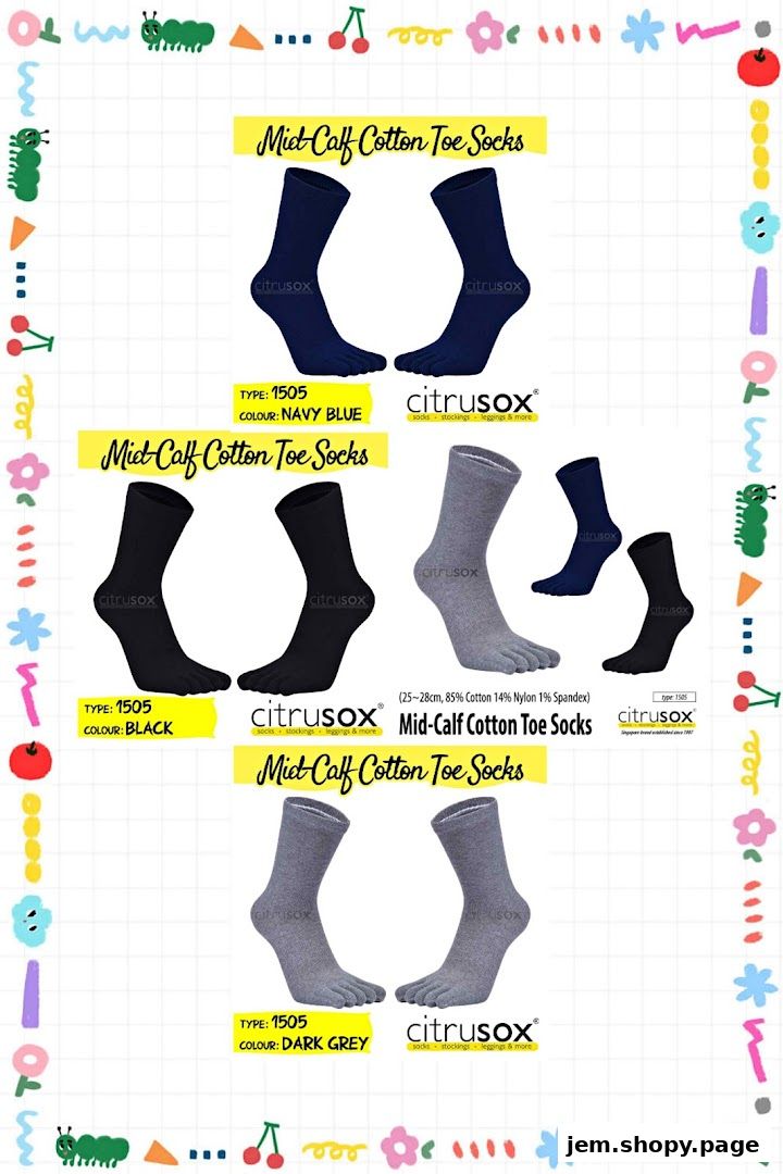 Product display of Citrusox mid-calf cotton toe socks in navy blue, black, and dark grey.