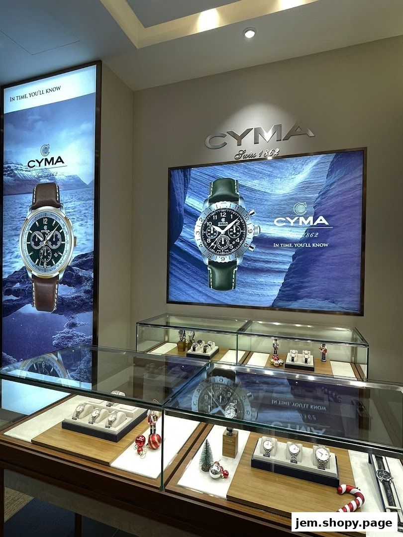 A display of CYMA watches in a well-lit retail store with large promotional images.