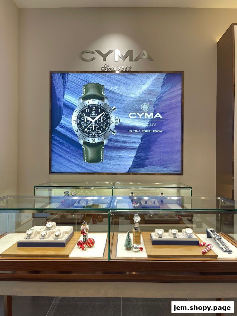 A display case in a watch shop featuring CYMA timepieces and festive holiday decorations.