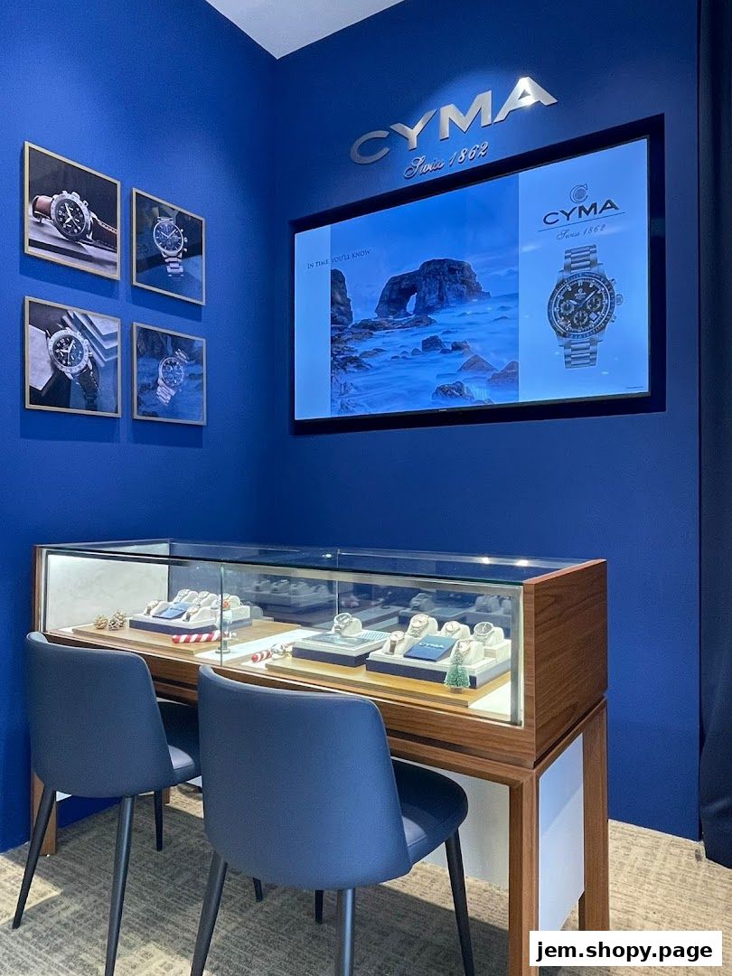 A display of CYMA watches in a modern retail setting with blue walls and a digital screen.