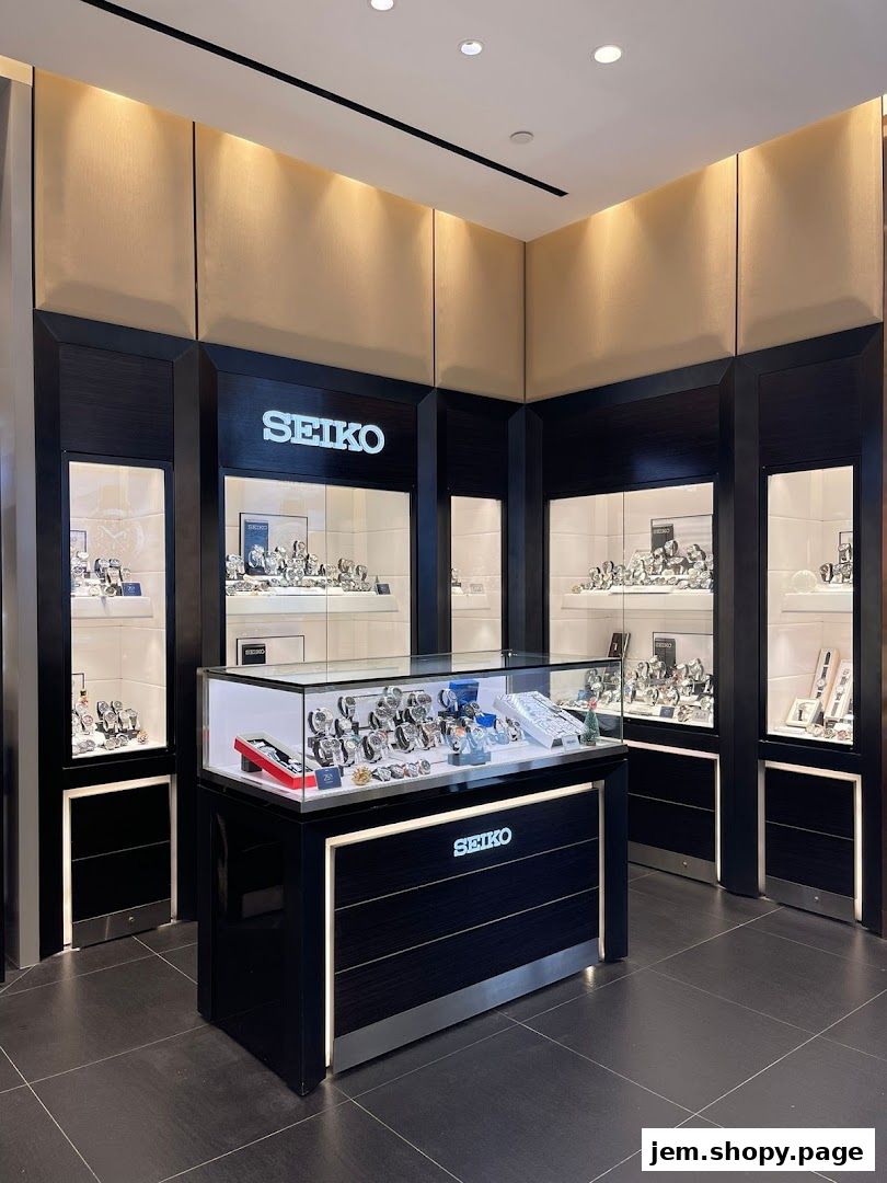 Interior view of a Seiko watch store with display cases showcasing various timepieces.