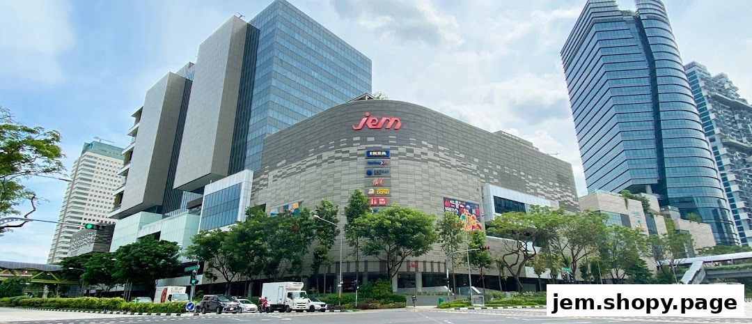 Exterior view of the JEM shopping mall with various retail brands visible.