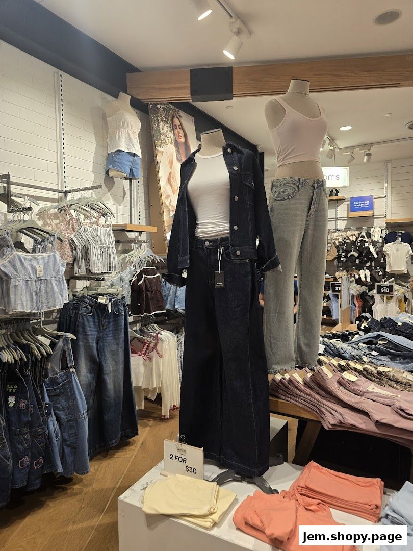 Mannequins display denim outfits and folded apparel in a clothing store.