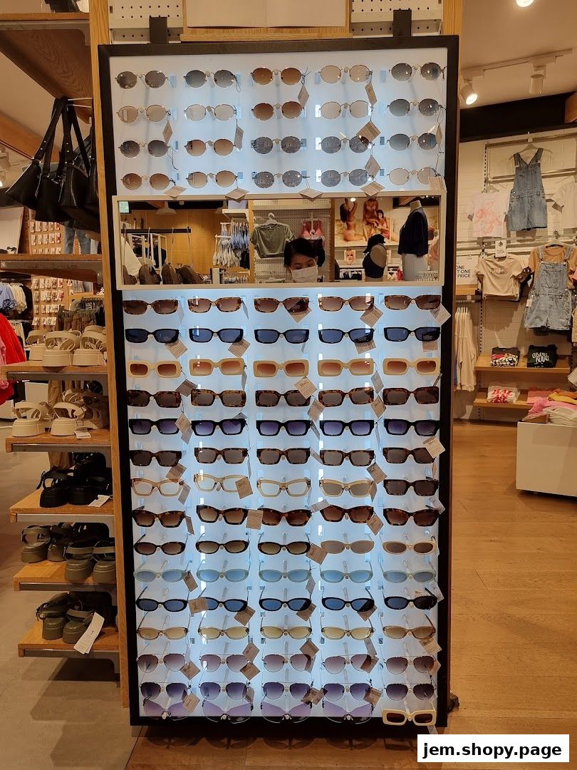 A display of various sunglasses in a retail store, with clothing visible in the background.