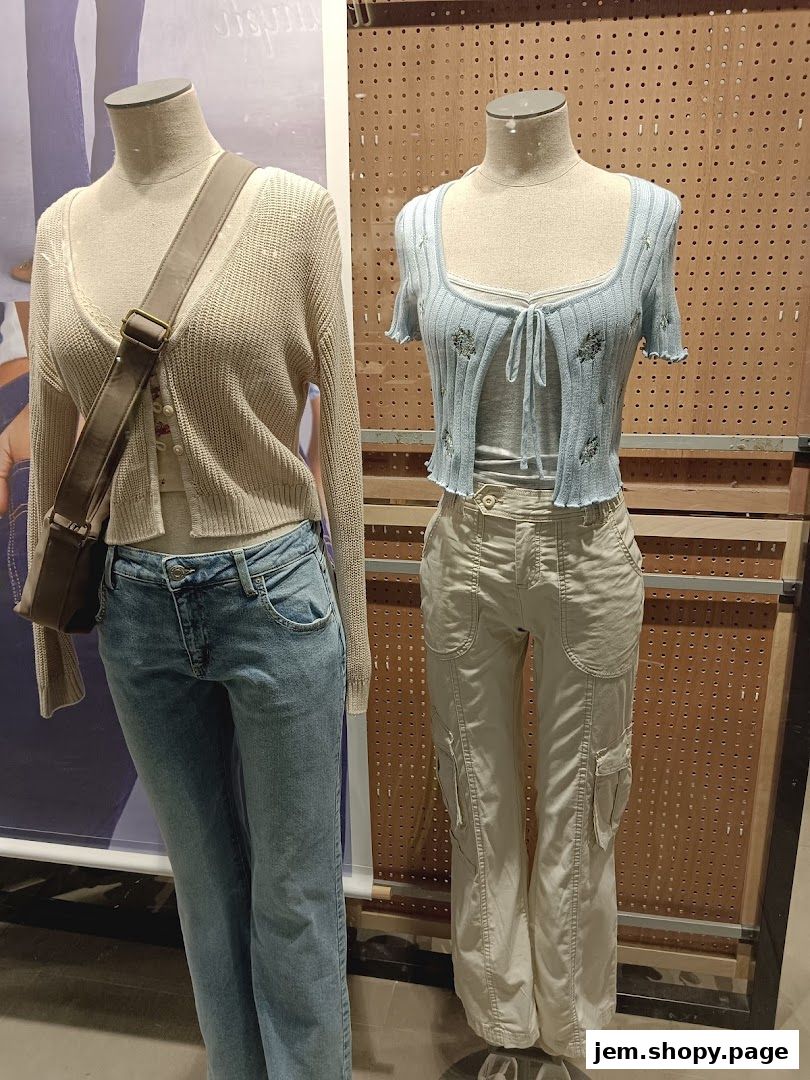 Mannequins display casual outfits with cardigans, jeans, and cargo pants.