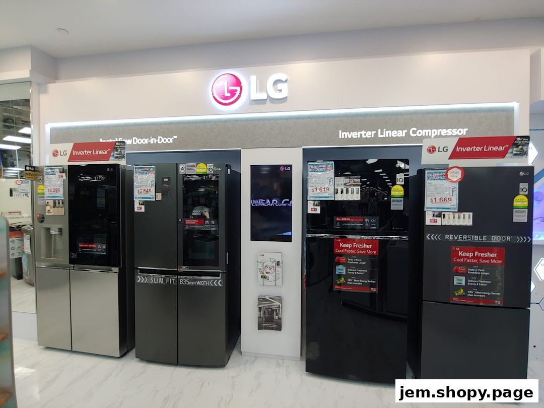 LG refrigerators with various features and prices displayed in a retail store.