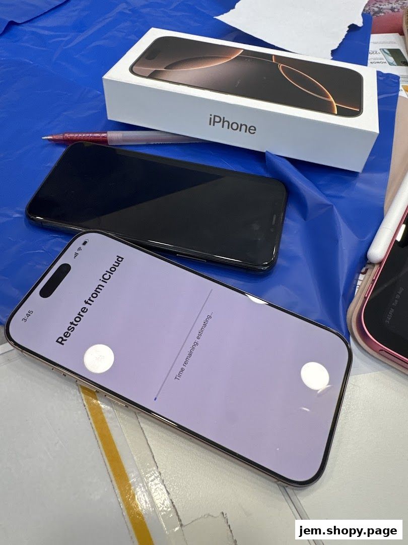 An iPhone box and two iPhones, one displaying an iCloud restore process.