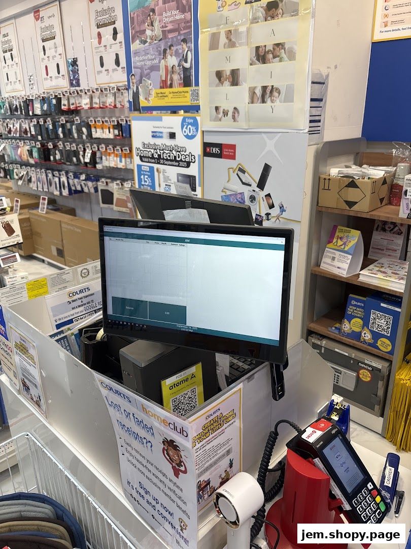 A retail store checkout counter with a computer monitor, payment terminal, and promotional posters.