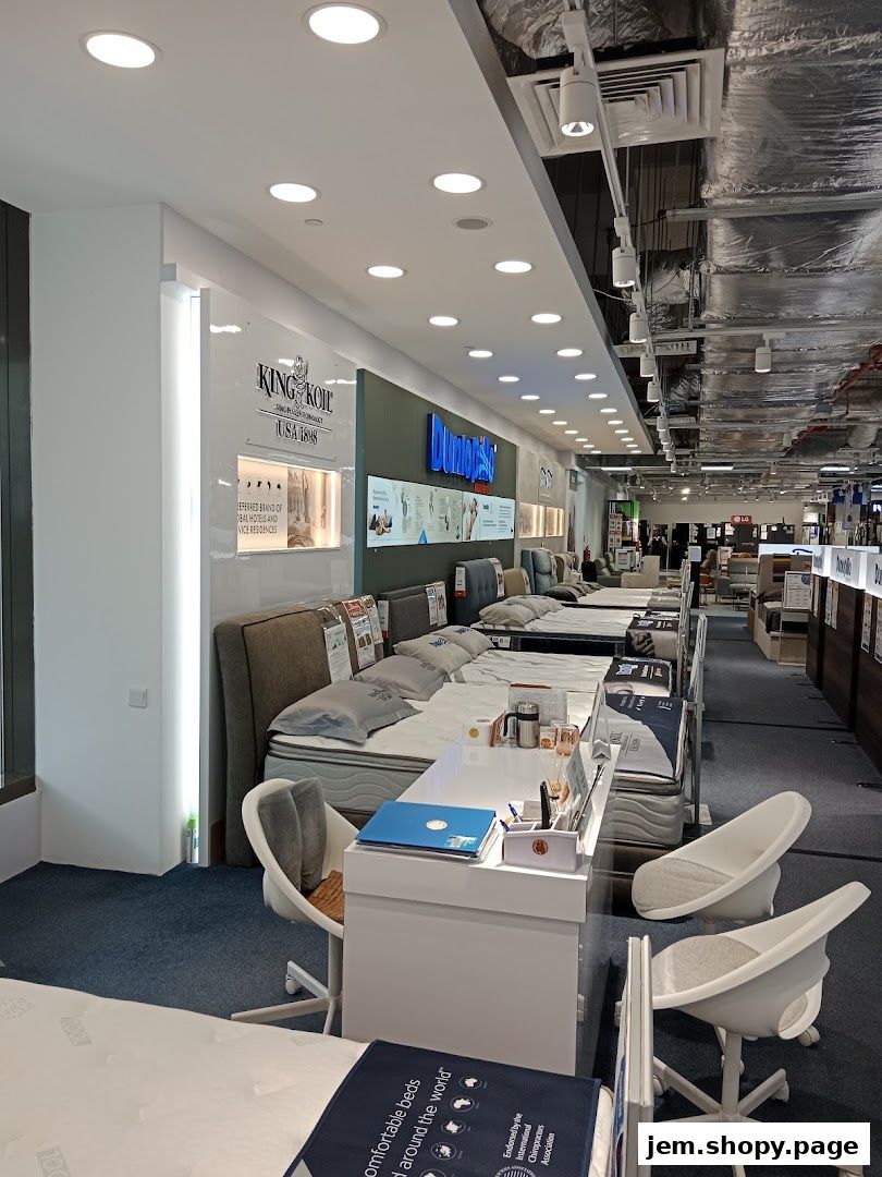 Interior view of a mattress store with beds displayed and chairs at a counter.