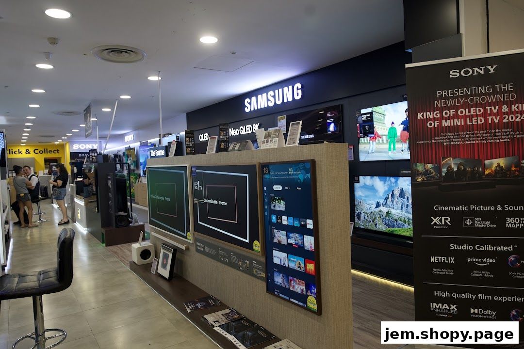 Interior view of an electronics store showcasing Samsung and Sony TVs, with a 'Click & Collect' sign.