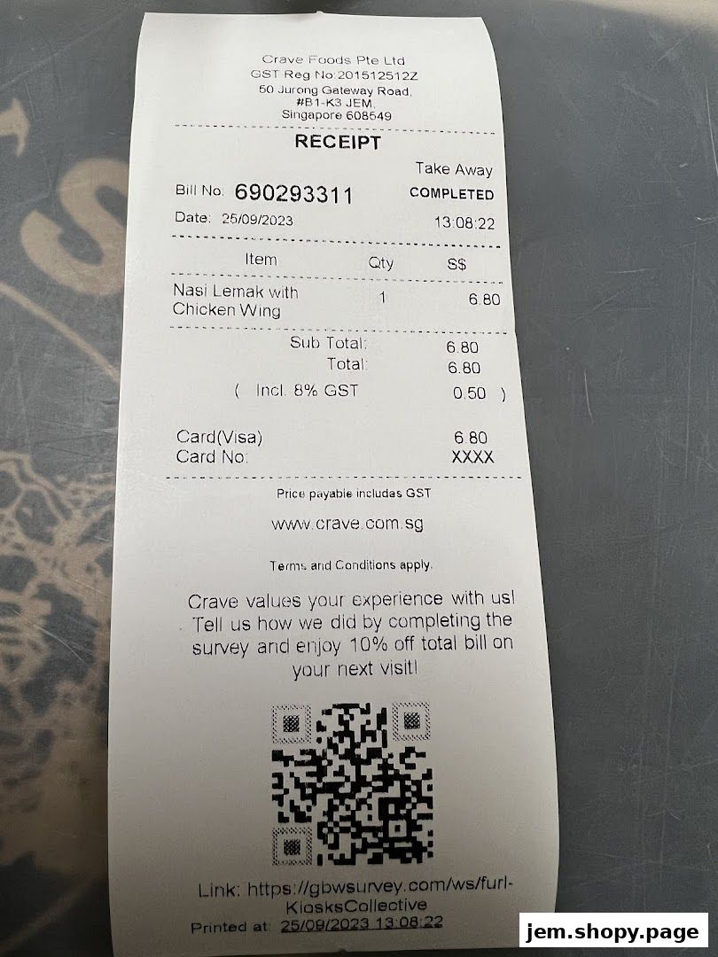 A receipt from Crave Nasi Lemak JEM showing a Nasi Lemak with Chicken Wing order.