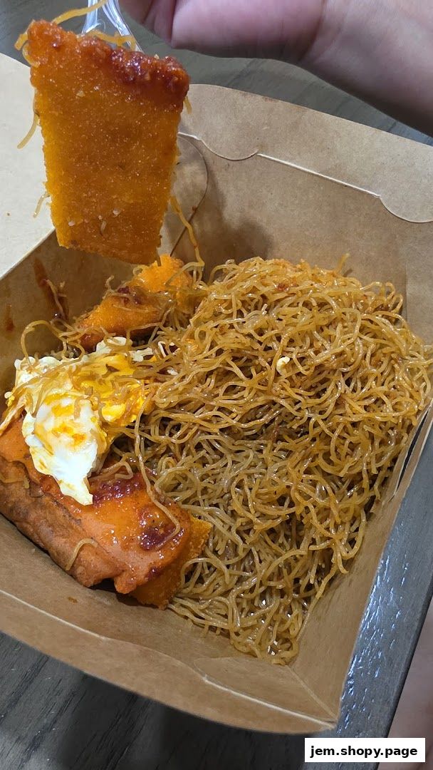 A close-up of a takeaway box filled with noodles and a piece of fried chicken.