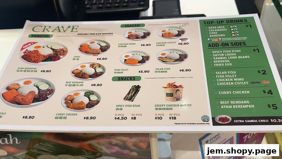 A menu for Crave Nasi Lemak featuring signature dishes, classics, snacks, drinks, and add-on sides.