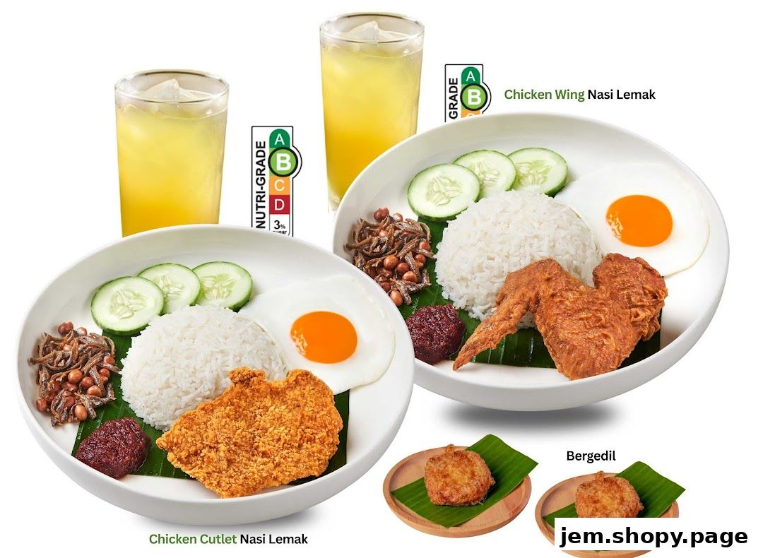 Two plates of Nasi Lemak, drinks, and Bergedil with Nutri-Grade labels.