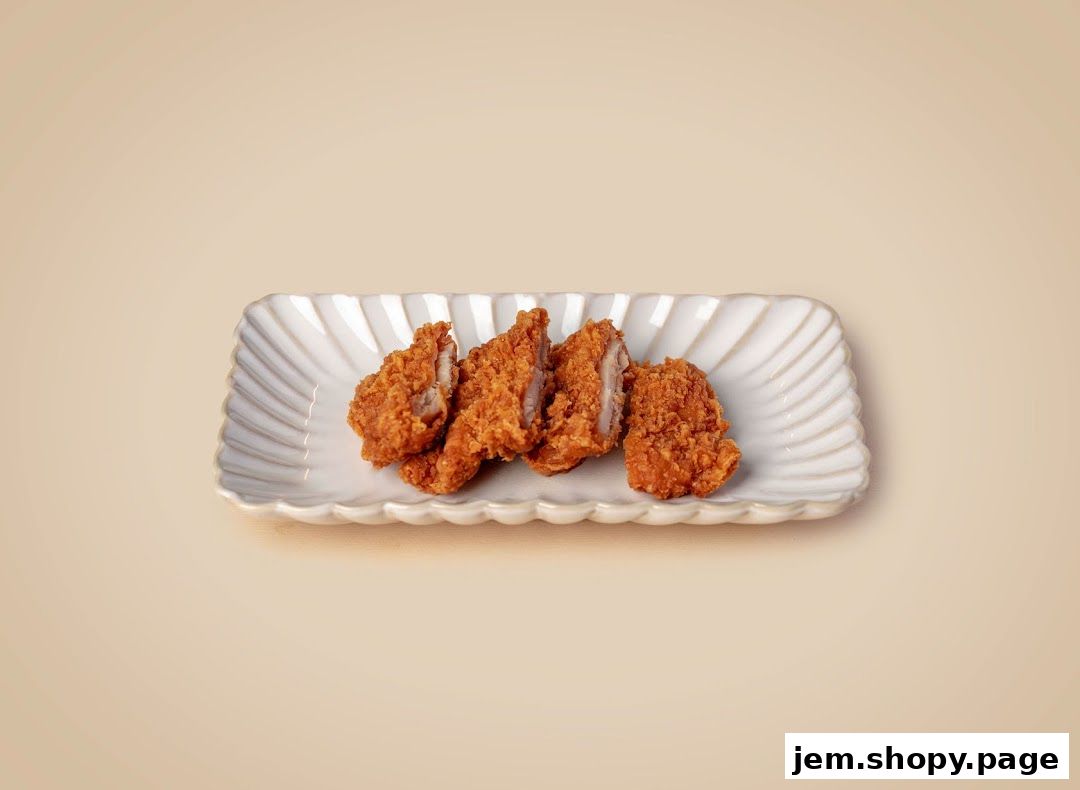 A white rectangular plate with fluted edges holds several pieces of golden-brown fried chicken.