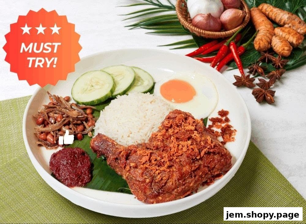 A delicious plate of Nasi Lemak with fried chicken, egg, cucumber, and sambal.