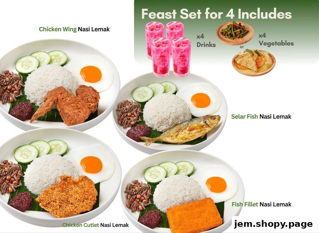 A feast set for 4 featuring various Nasi Lemak dishes and drinks.