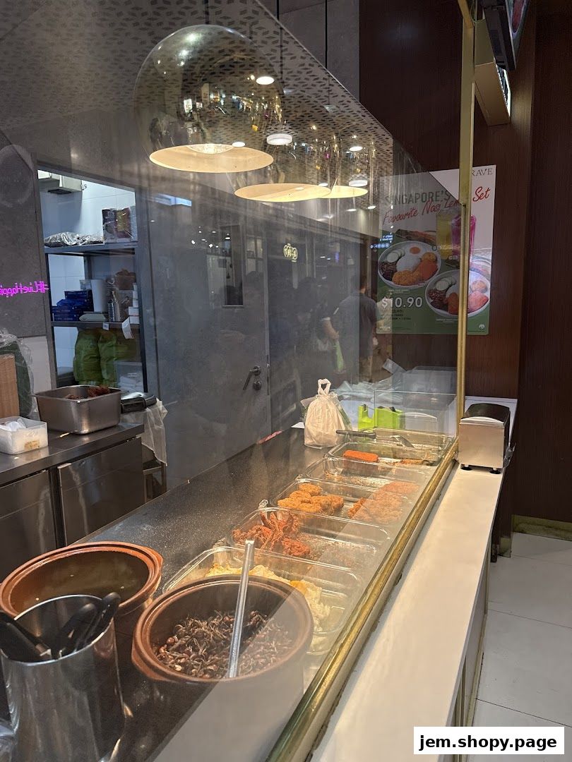 A display of prepared food items at a Nasi Lemak stall with a menu poster in the background.