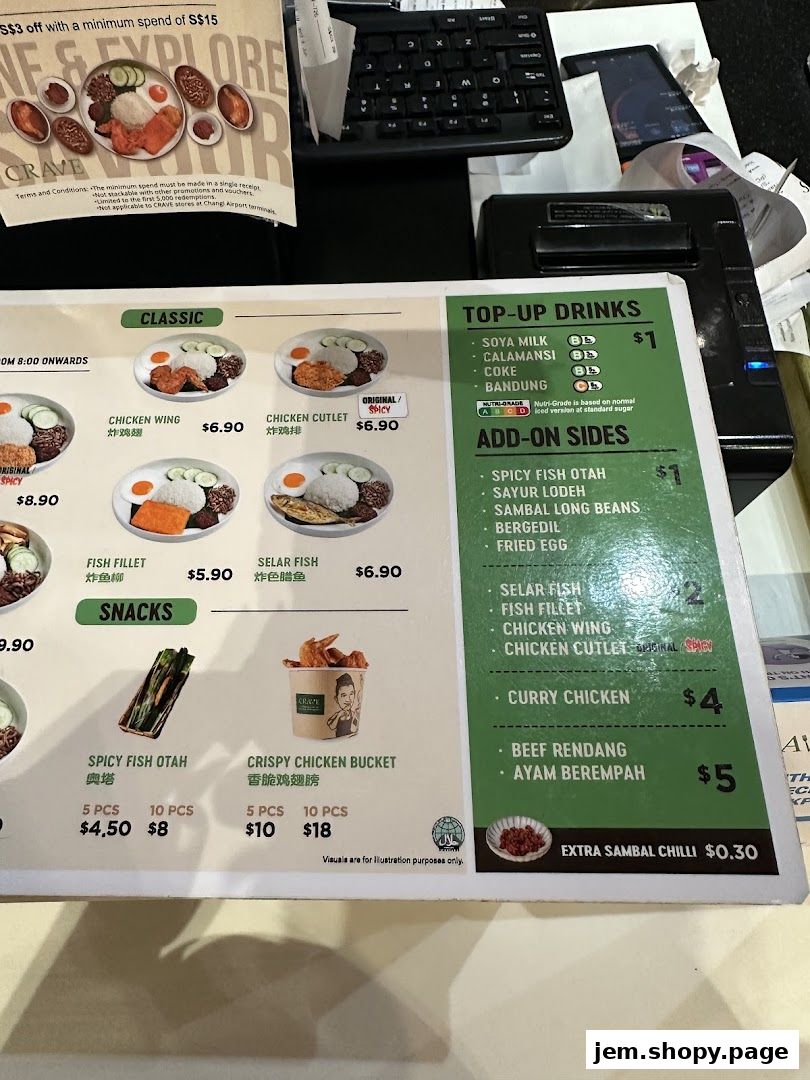 A menu for Crave Nasi Lemak featuring classic dishes, snacks, and drinks.