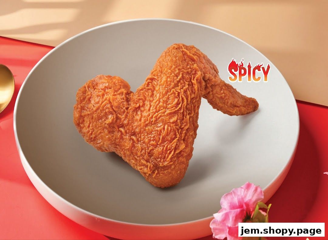 A close-up of a crispy fried chicken wing on a plate with a 'SPICY' label.
