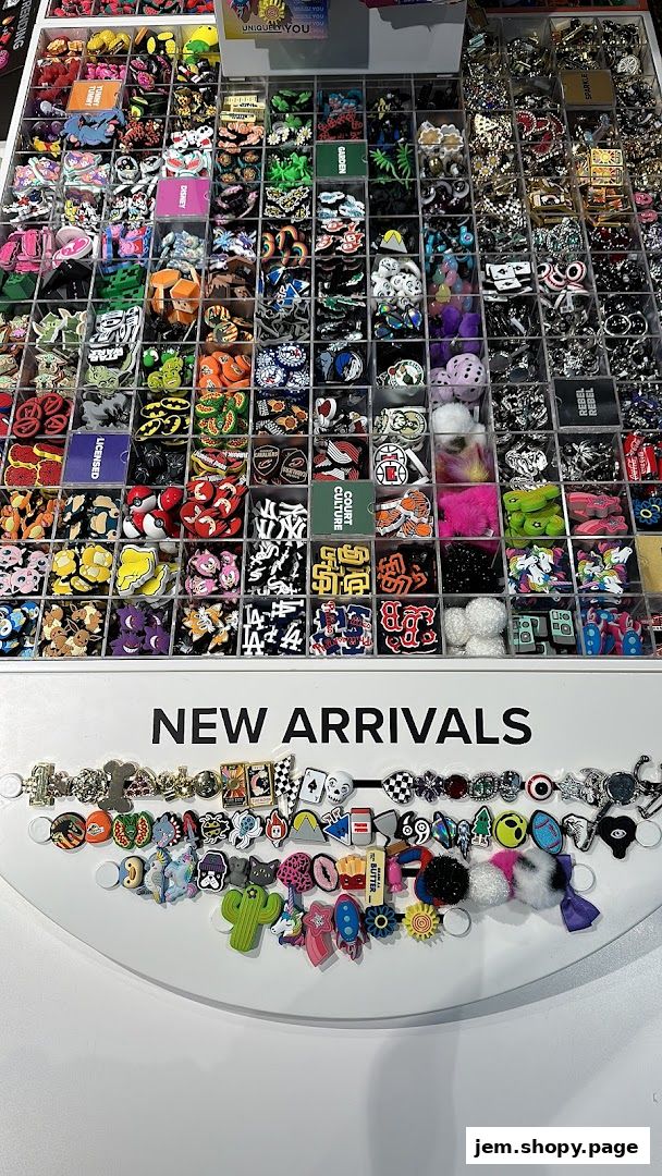 A display of colorful Crocs charms and accessories, featuring various themes and designs.