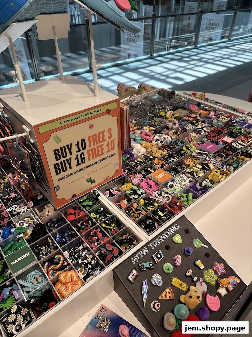 A display of colorful Jibbitz charms and accessories for Crocs shoes.