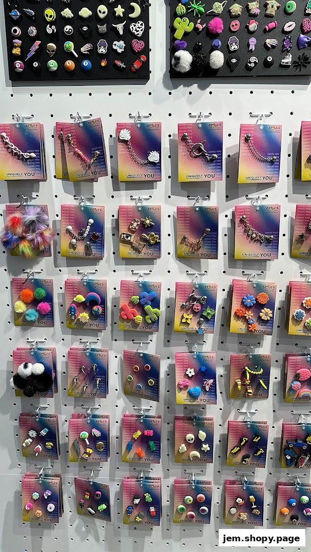 A wall display of various colorful Crocs Jibbitz charms and accessories.