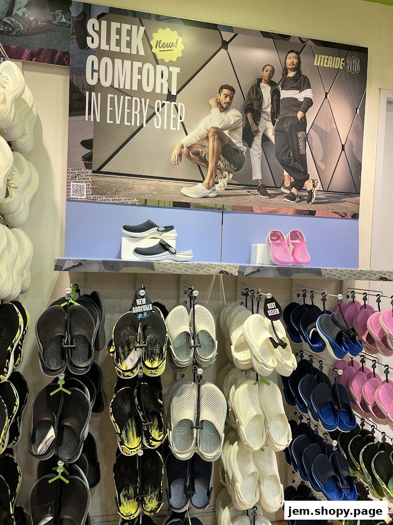 A display of Crocs shoes, featuring a large advertisement for LITERIDE 360.