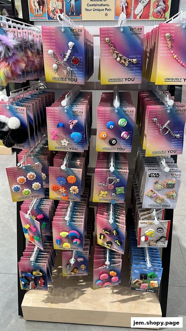 A display of various Crocs Jibbitz charms and accessories for personalization.