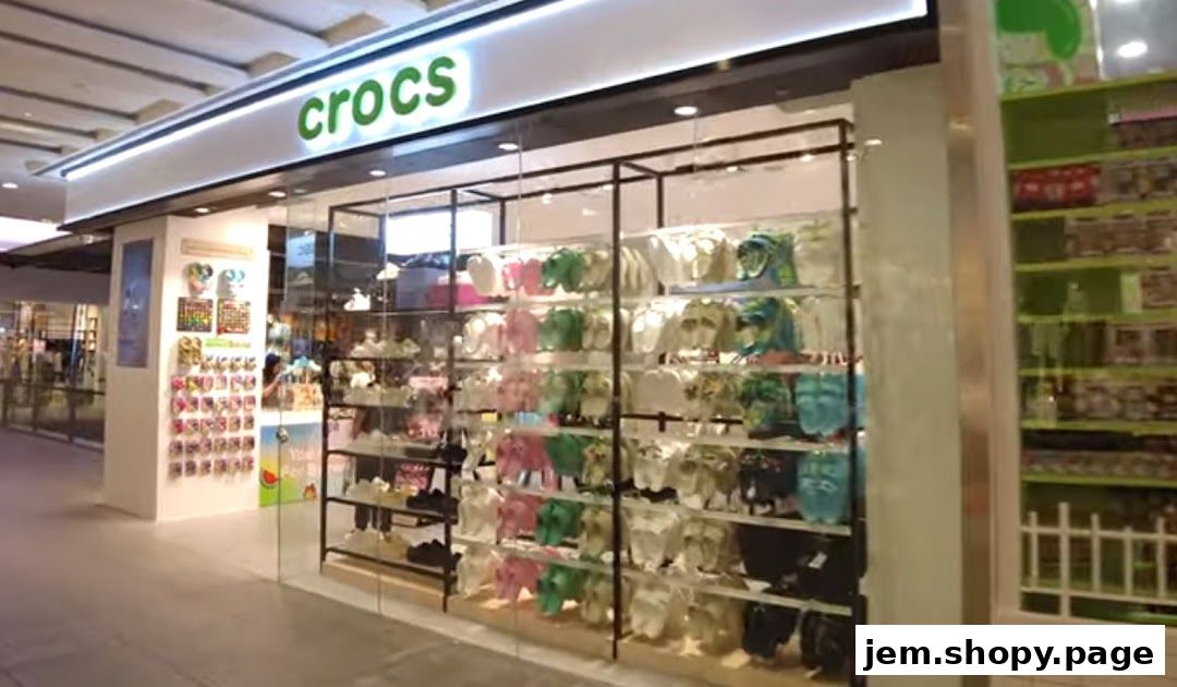 The Crocs store features a wide display of colorful clogs and Jibbitz charms.