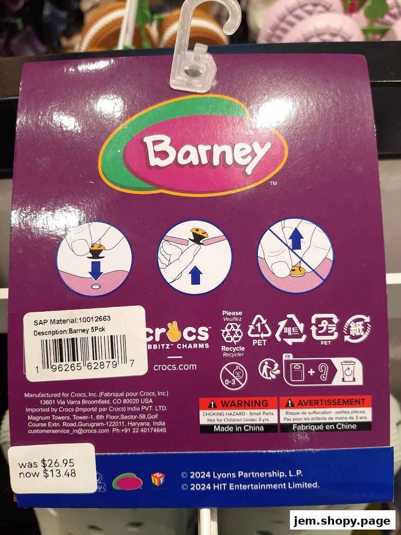 Crocs Barney Jibbitz charms packaging with price tag and instructions.