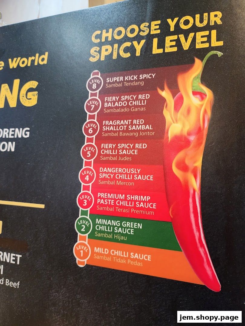 A menu board displaying different levels of spicy chili sauces offered by the shop.