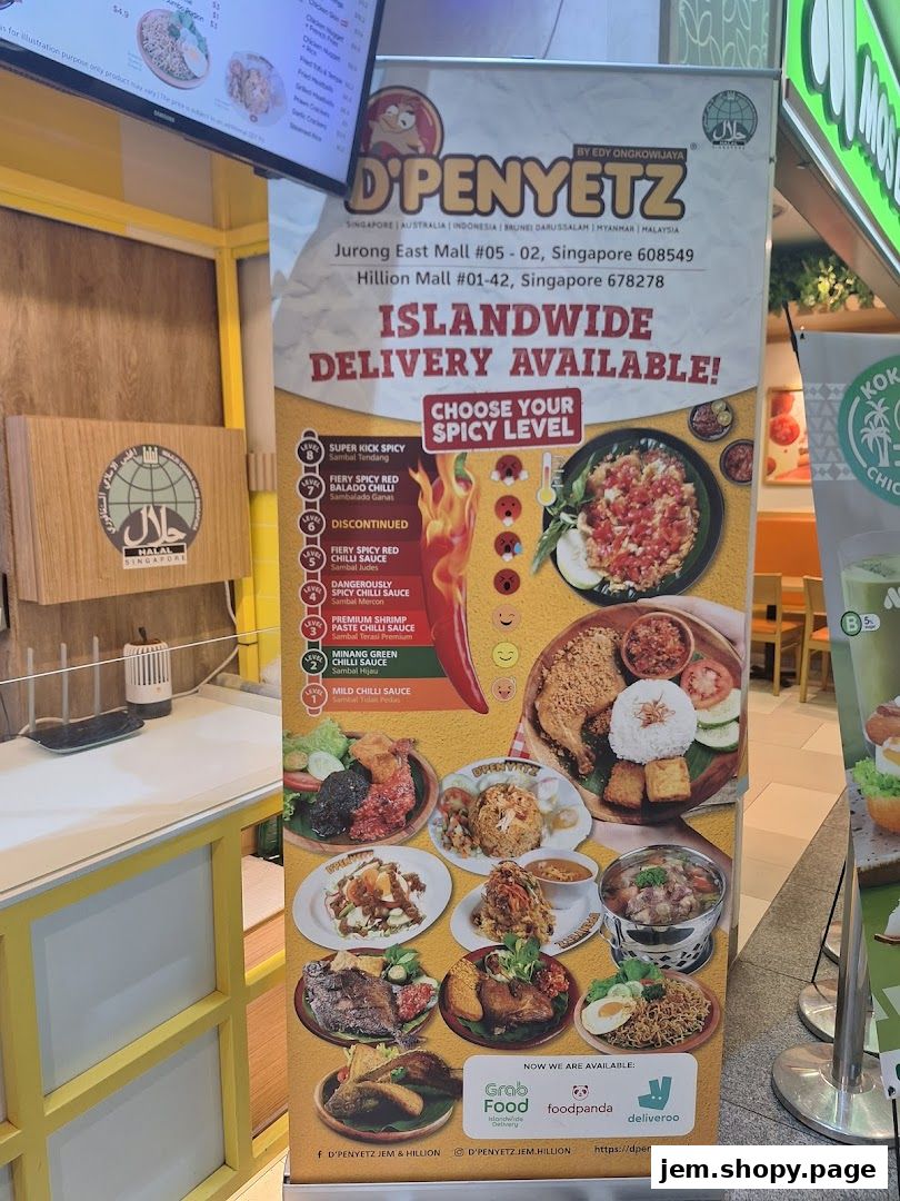 A promotional banner for D'Penyetz Jem showcasing various dishes and spicy sauce levels.